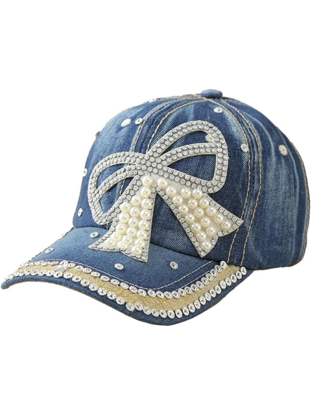 Trendy Y2K Women's Denim Baseball Cap with Pearl Rhinestones & UV Protection Hat